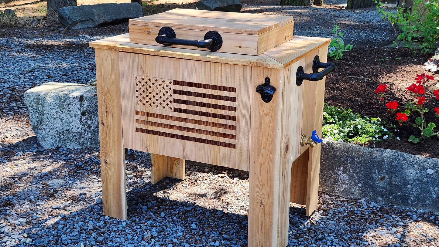 Handmade Cedar Wood Cooler with Laser-Etched American Flag, Rustic Wood Outdoor Patio Cooler