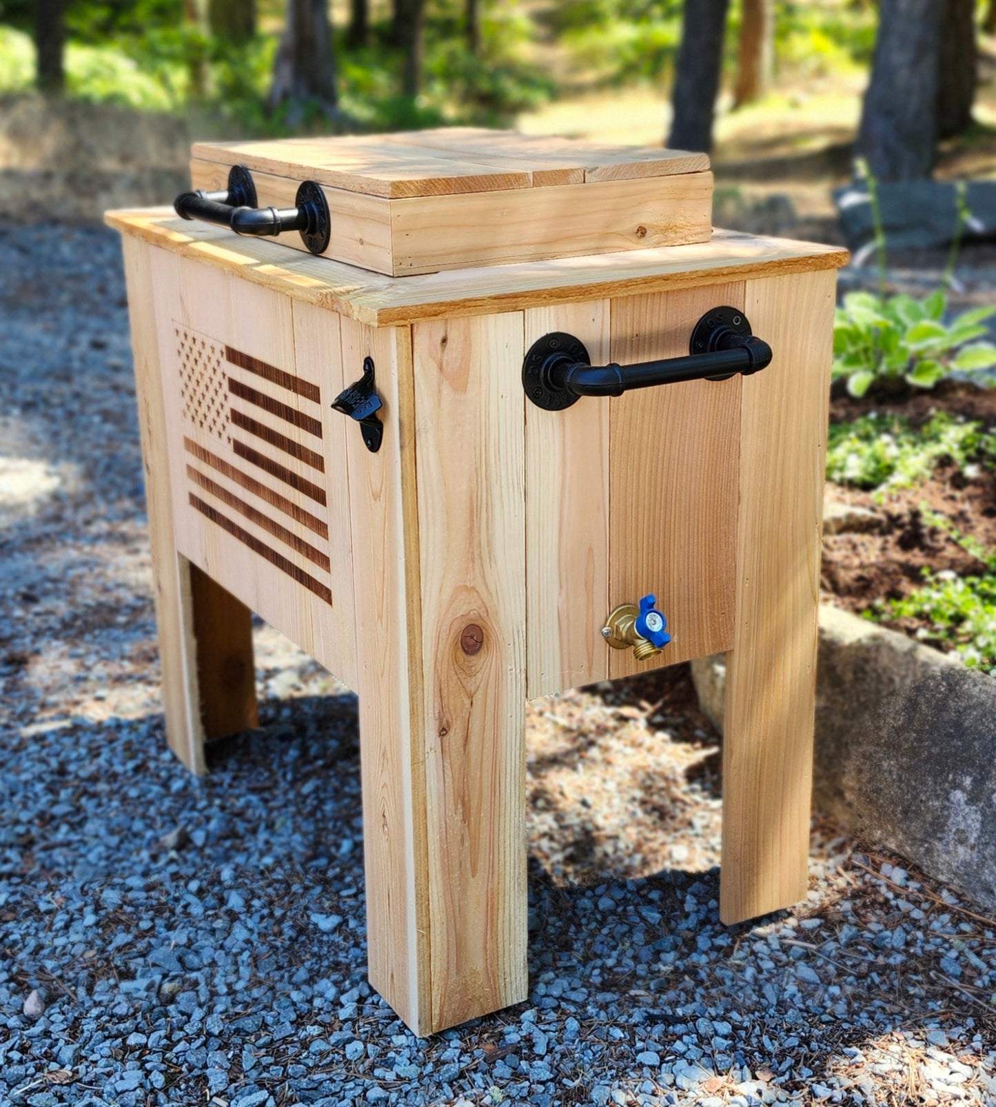 Handmade Cedar Wood Cooler with Laser-Etched American Flag, Rustic Wood Outdoor Patio Cooler