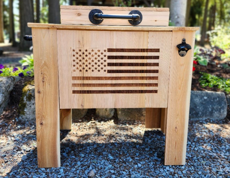 Handmade Cedar Wood Cooler with Laser-Etched American Flag, Rustic Wood Outdoor Patio Cooler