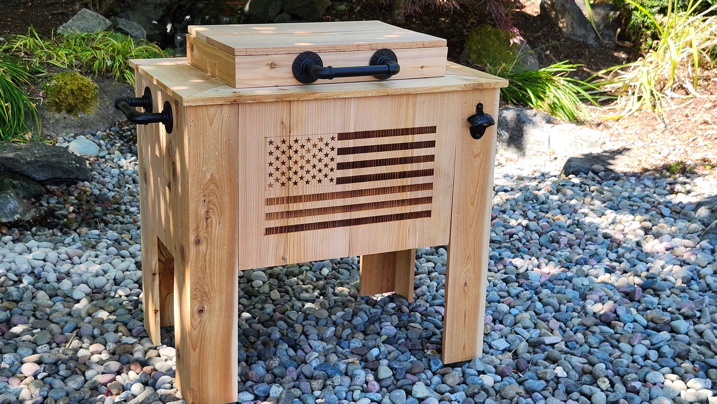 Handmade Cedar Wood Cooler with Laser-Etched American Flag, Rustic Wood Outdoor Patio Cooler