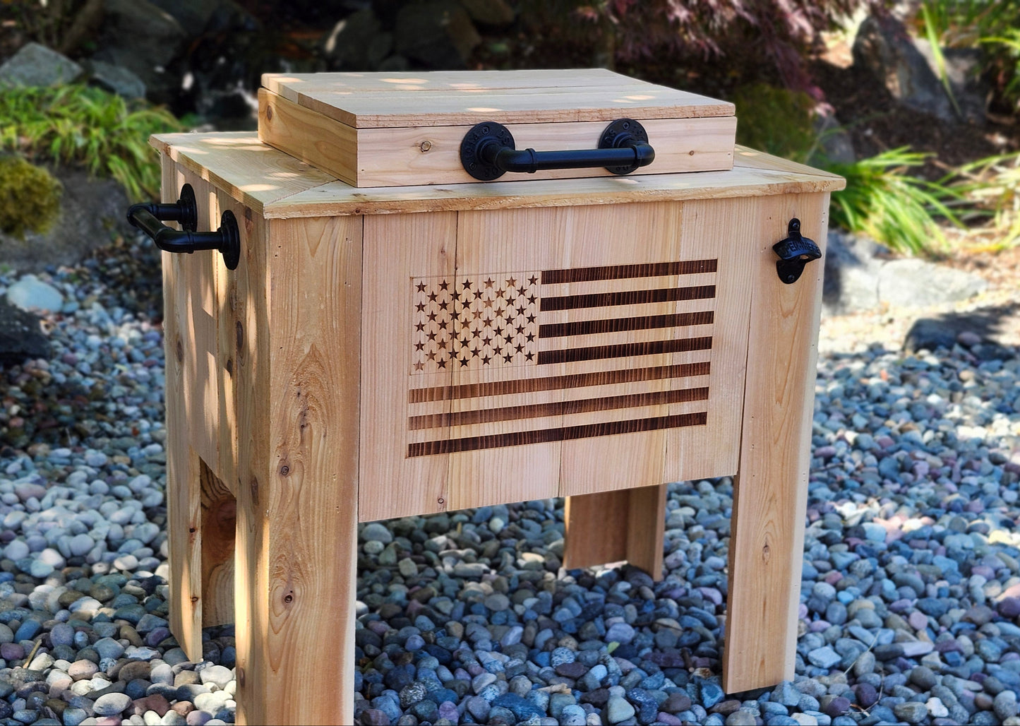 Handmade Cedar Wood Cooler with Laser-Etched American Flag, Rustic Wood Outdoor Patio Cooler