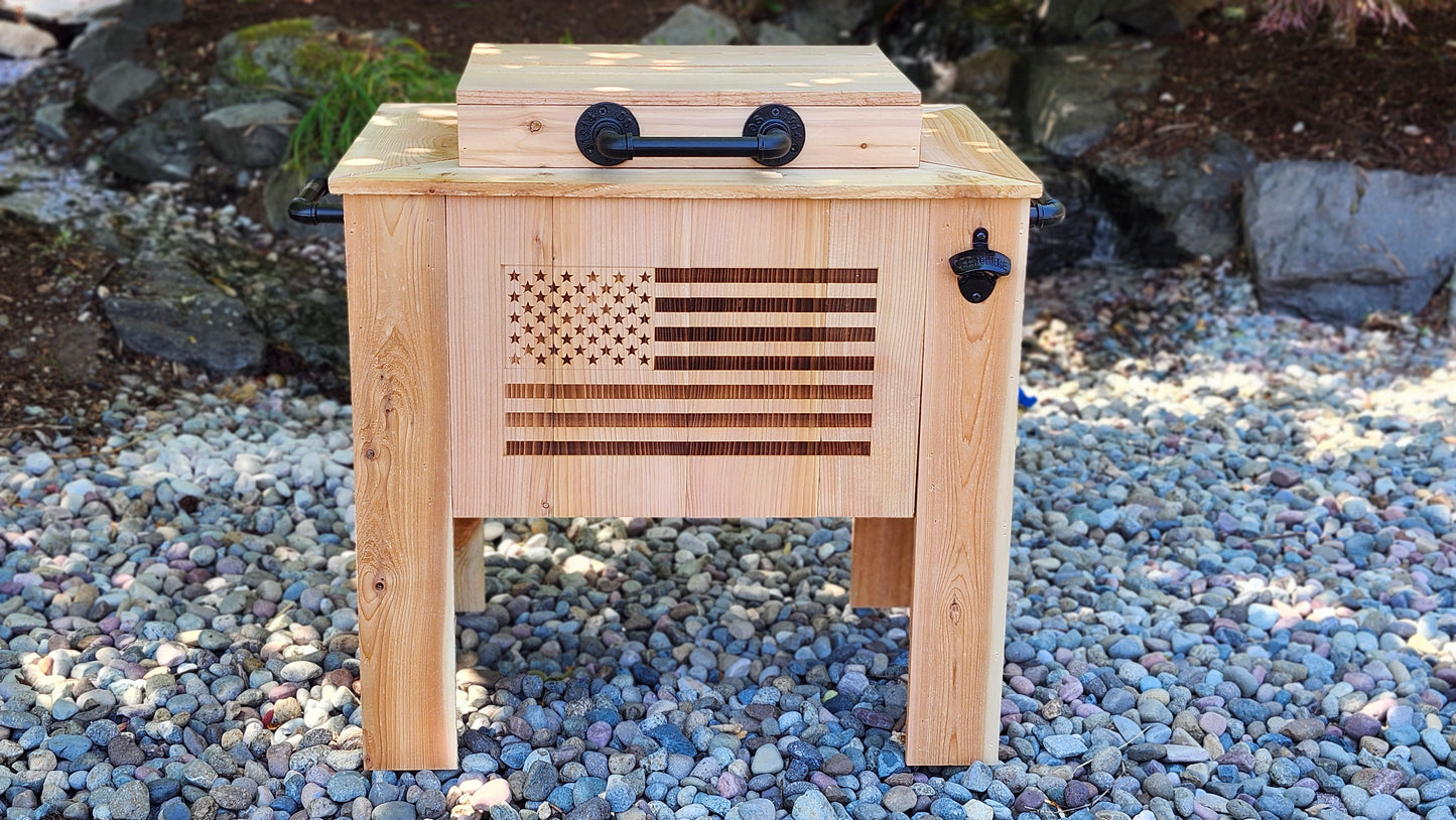 Handmade Cedar Wood Cooler with Laser-Etched American Flag, Rustic Wood Outdoor Patio Cooler