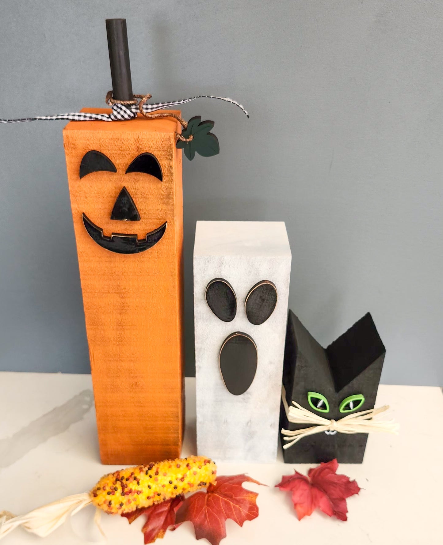Halloween Wood Block Set – Rustic Ghost, Pumpkin & Black Cat Décor for Fall, Farmhouse, or Tiered Tray Display