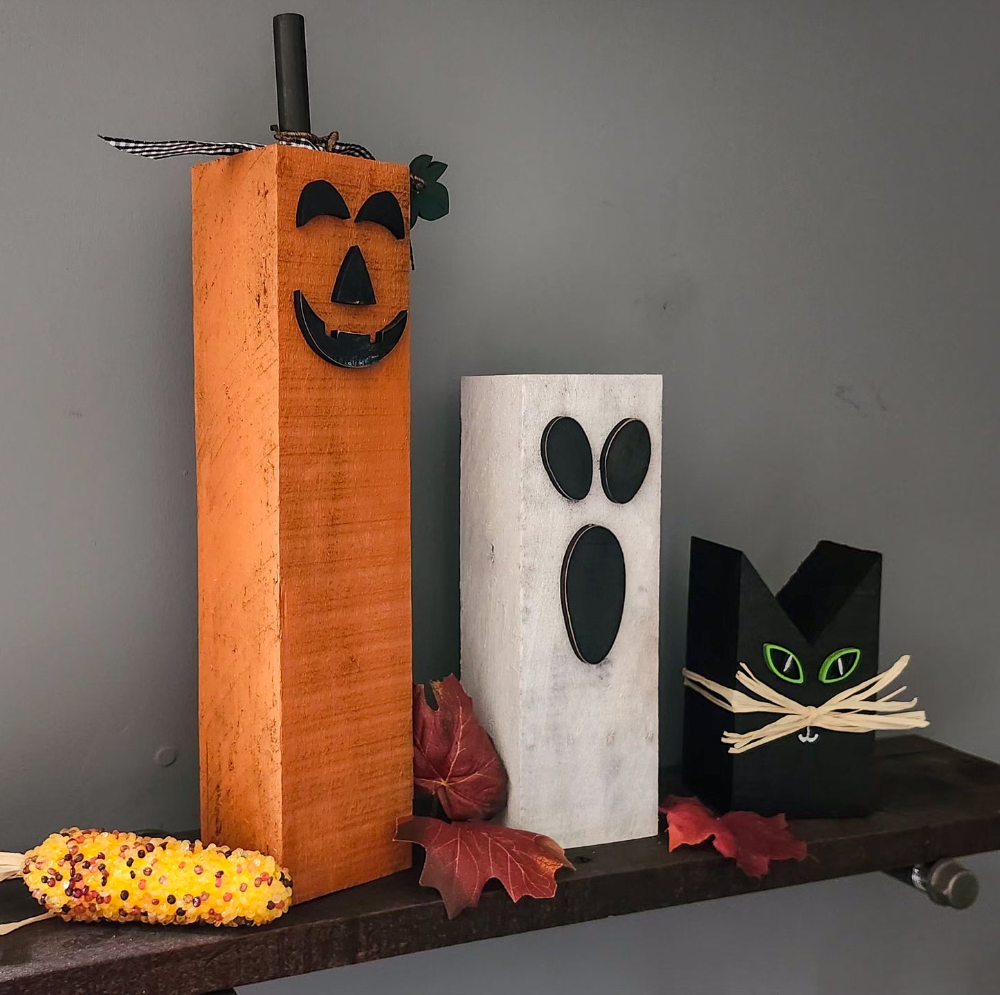 Halloween Wood Block Set – Rustic Ghost, Pumpkin & Black Cat Décor for Fall, Farmhouse, or Tiered Tray Display