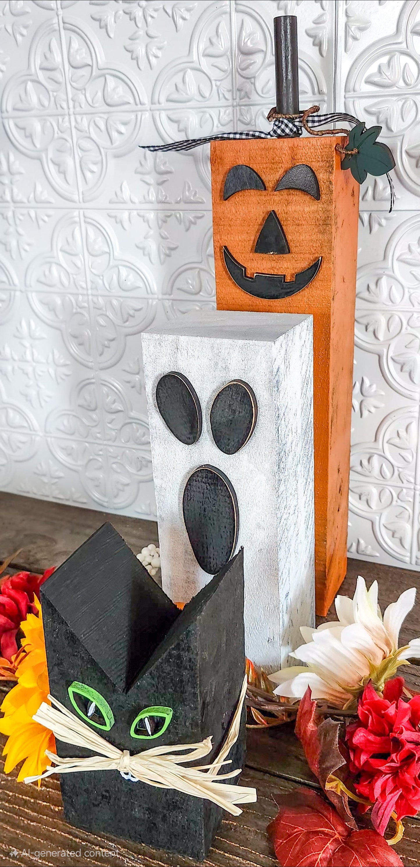 Halloween Wood Block Set – Rustic Ghost, Pumpkin & Black Cat Décor for Fall, Farmhouse, or Tiered Tray Display
