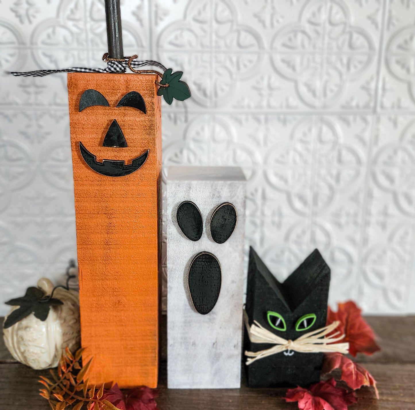 Halloween Wood Block Set – Rustic Ghost, Pumpkin & Black Cat Décor for Fall, Farmhouse, or Tiered Tray Display