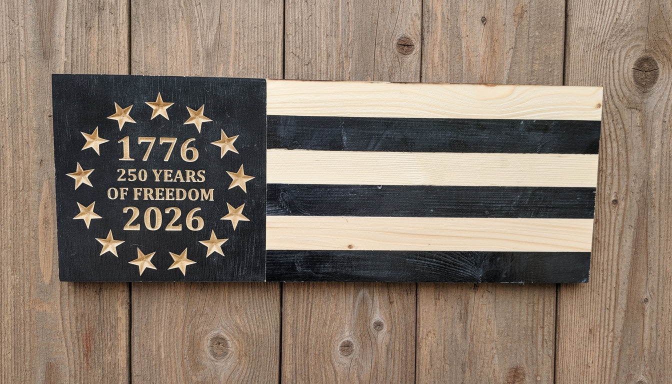 250 Years of Freedom – Handmade Rustic Wooden Flags (Vertical & Horizontal in 2 color choices)