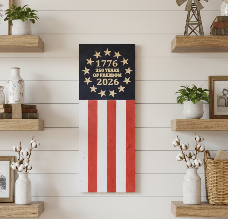 250 Years of Freedom – Handmade Rustic Wooden Flags (Vertical & Horizontal in 2 color choices)