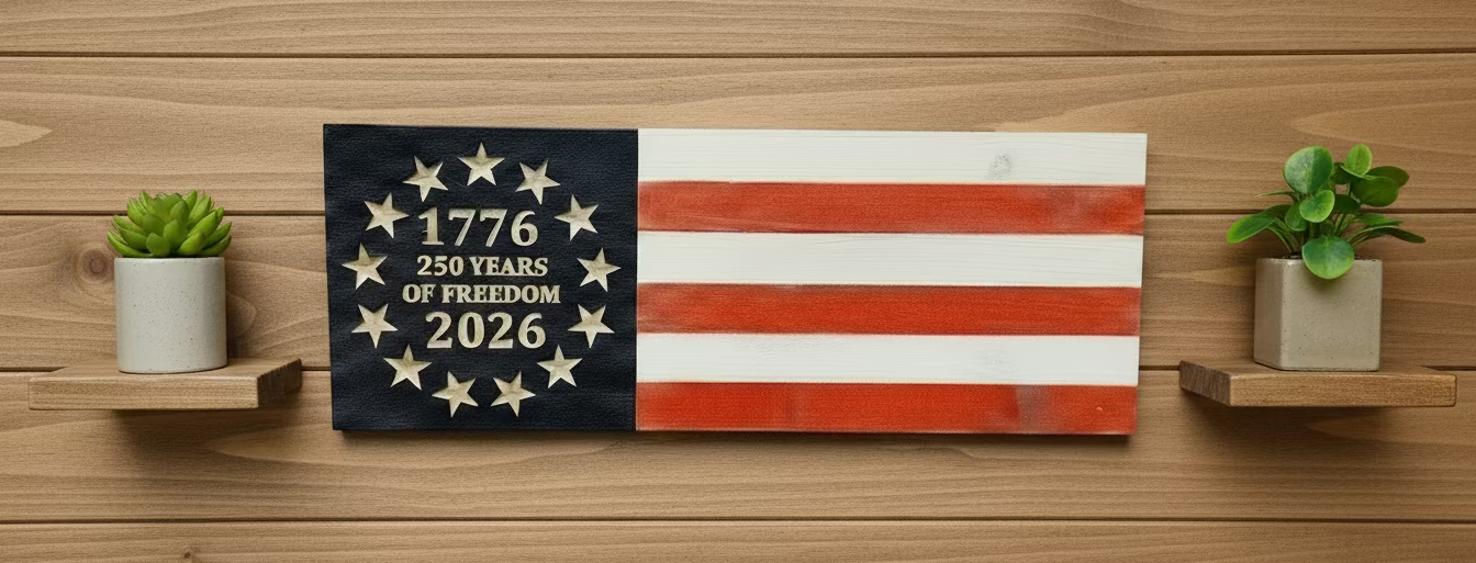 250 Years of Freedom – Handmade Rustic Wooden Flags (Vertical & Horizontal in 2 color choices)
