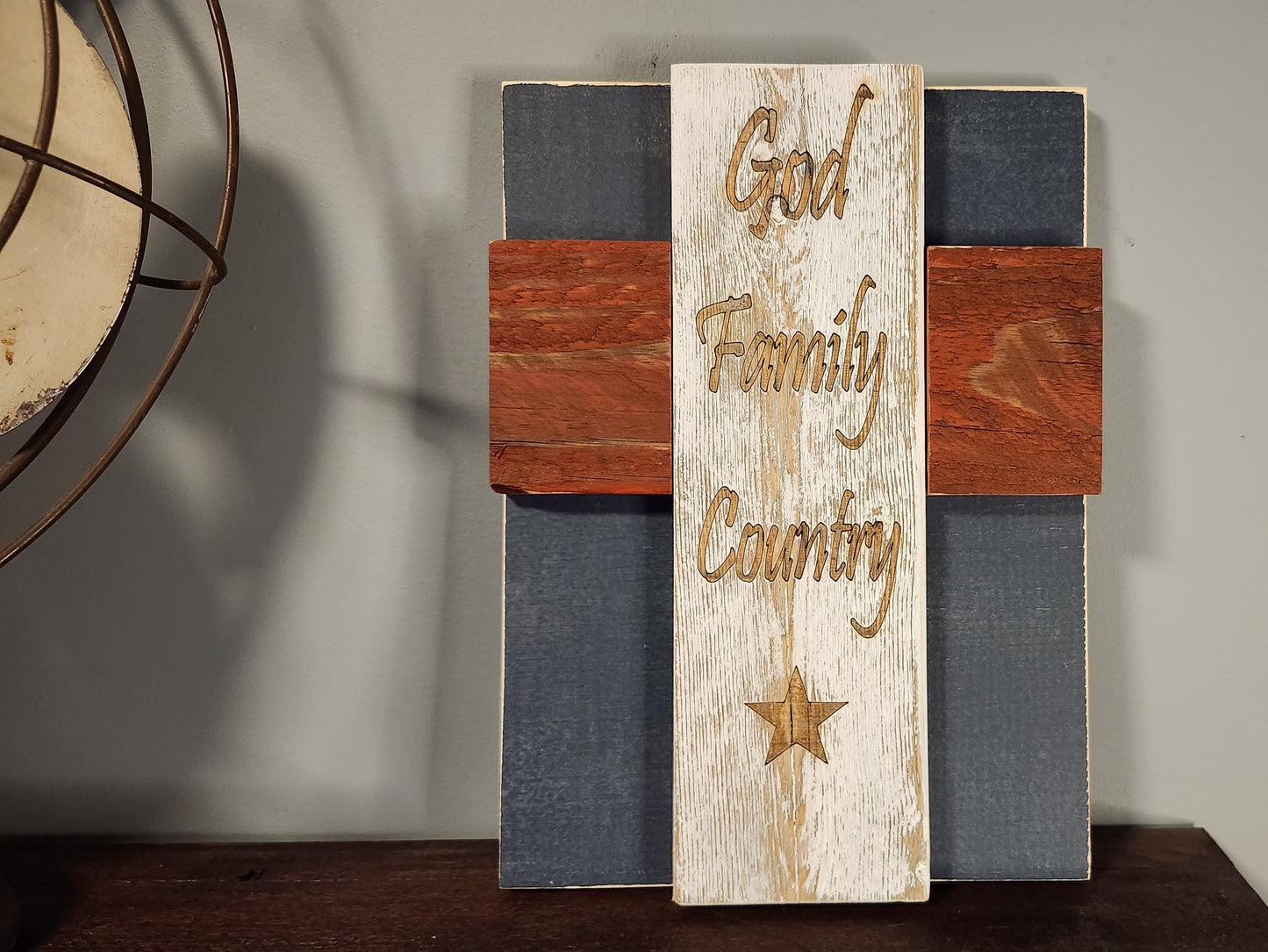 Rustic Wood Cross – God Family Country Engraved, Patriotic Red White Blue Farmhouse Wall Décor