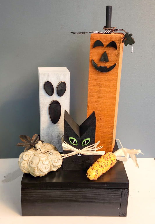 Halloween Wood Block Set – Rustic Ghost, Pumpkin & Black Cat Décor for Fall, Farmhouse, or Tiered Tray Display