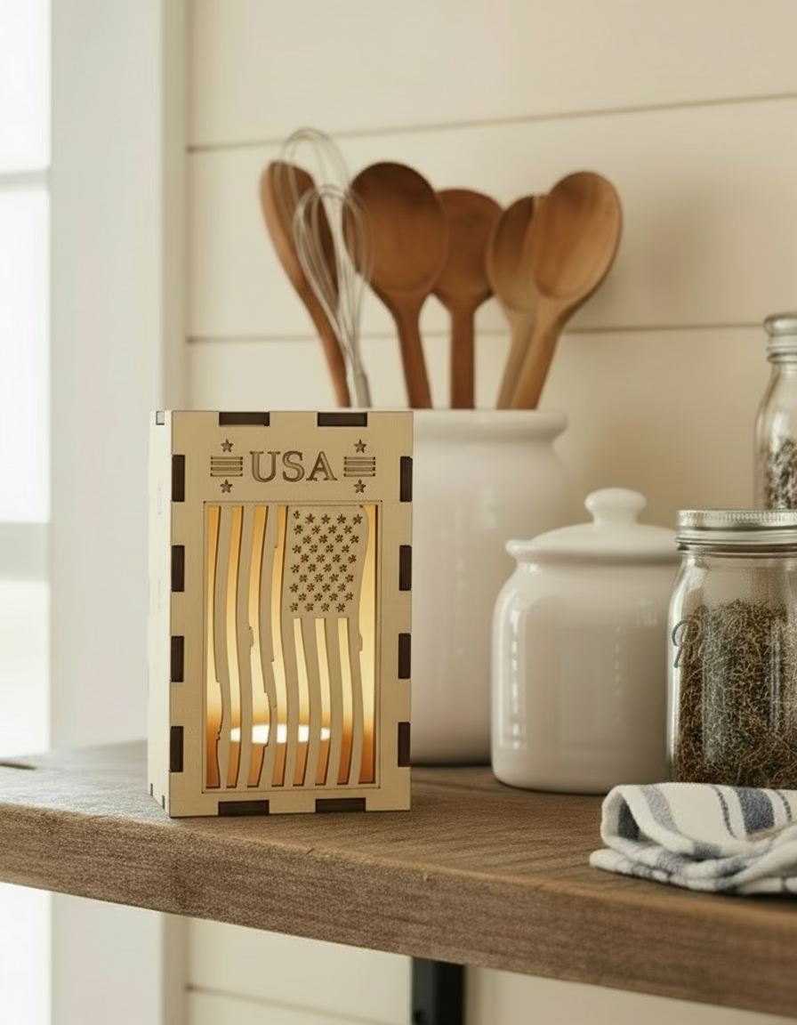 Laser-Cut Flag Lantern – Patriotic Wooden Décor