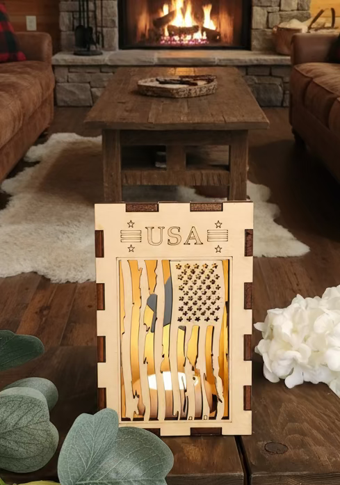 Laser-Cut Flag Lantern – Patriotic Wooden Décor