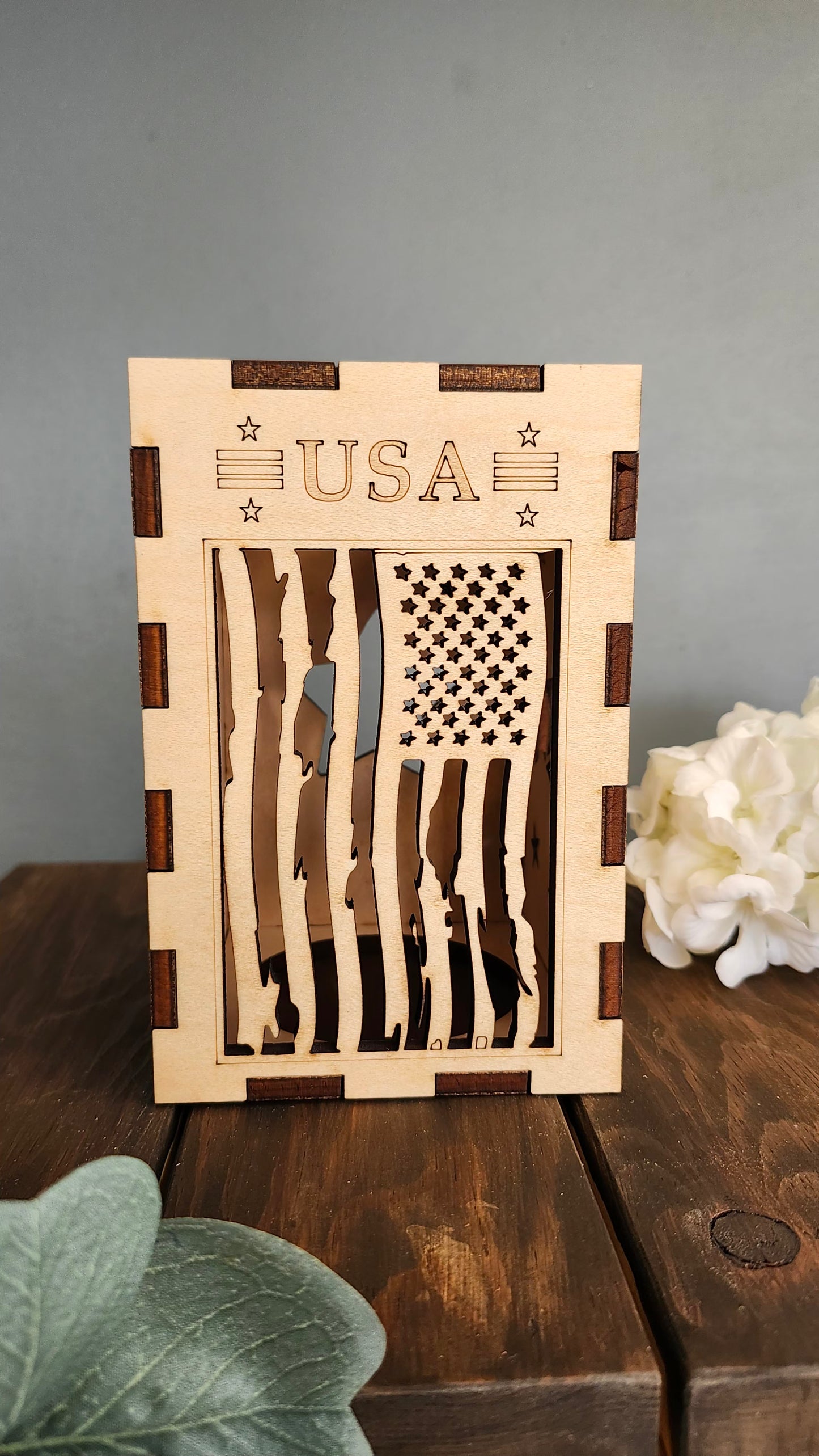 Laser-Cut Flag Lantern – Patriotic Wooden Décor
