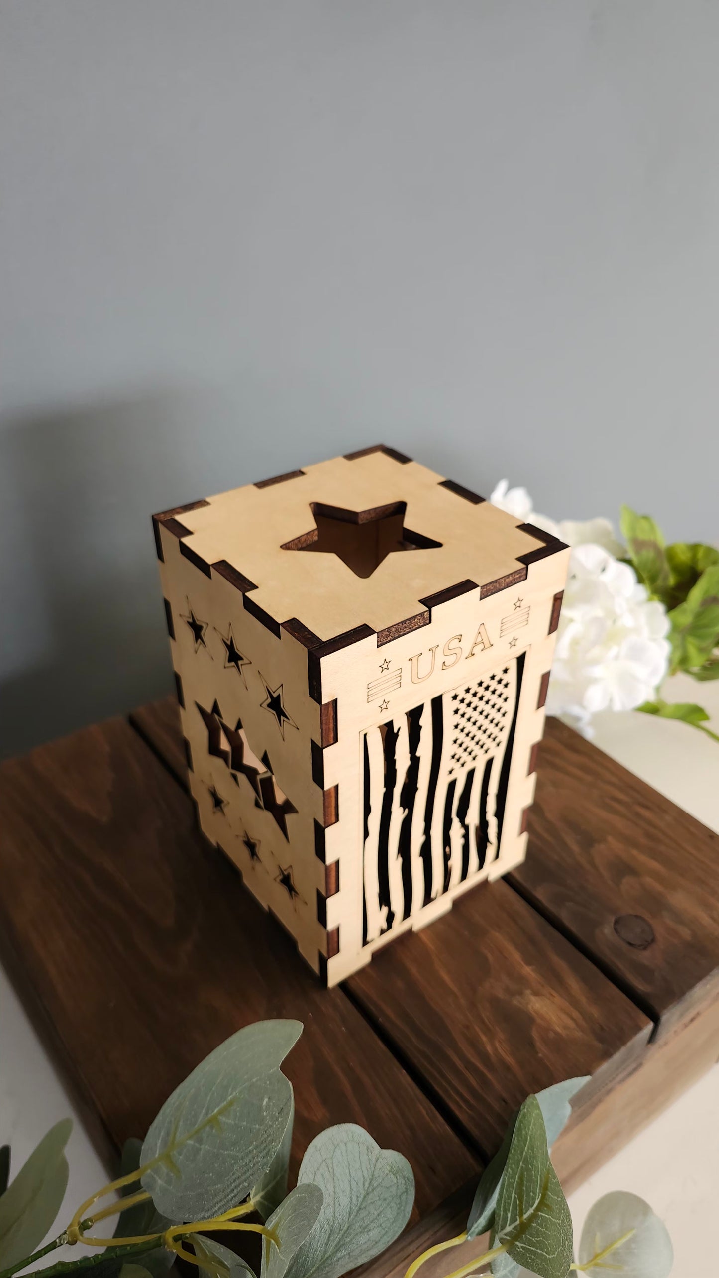 Laser-Cut Flag Lantern – Patriotic Wooden Décor