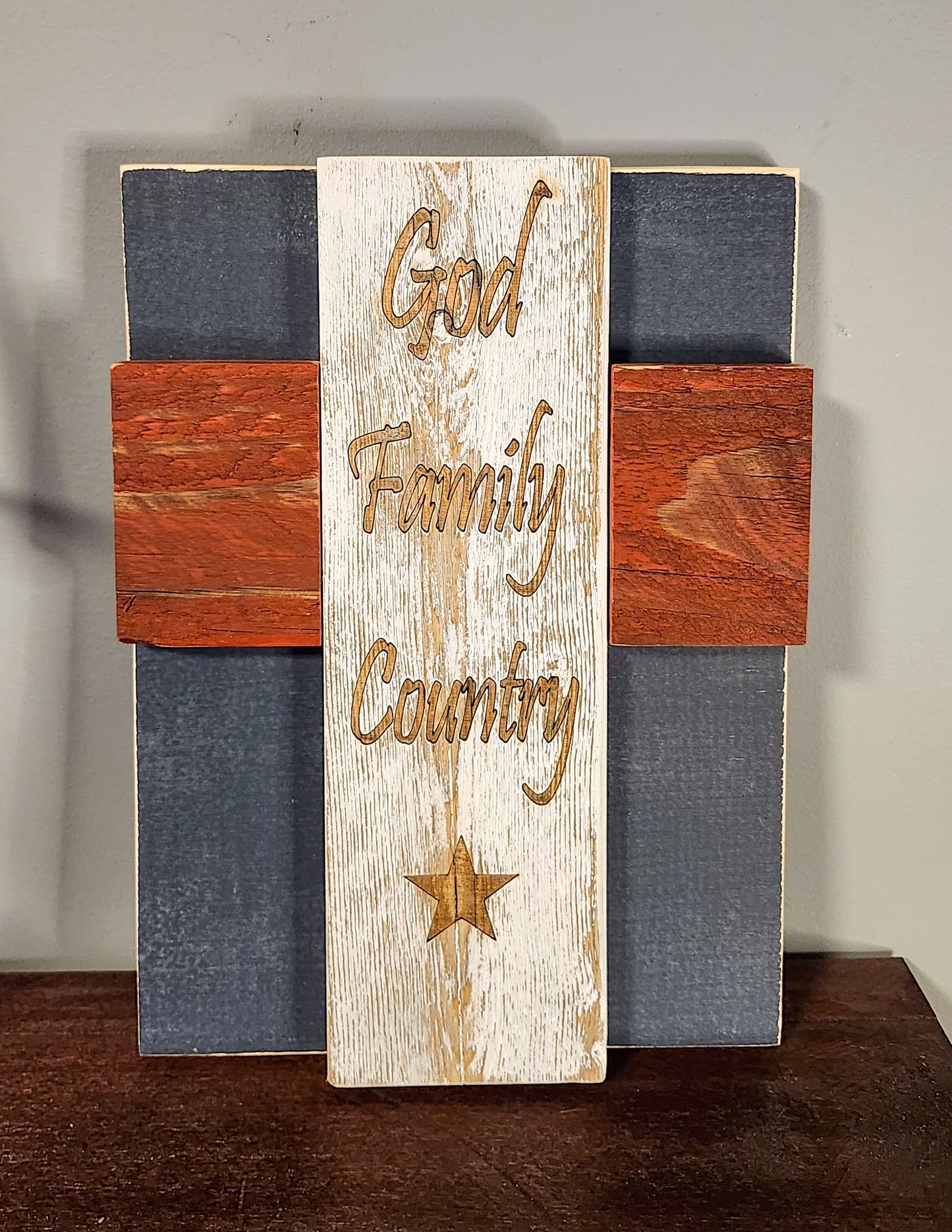 Rustic Wood Cross – God Family Country Engraved, Patriotic Red White Blue Farmhouse Wall Décor