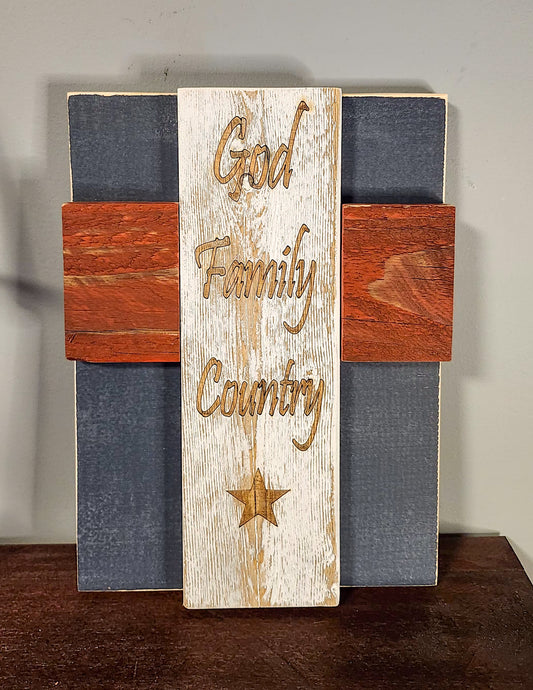 Rustic Wood Cross – God Family Country Engraved, Patriotic Red White Blue Farmhouse Wall Décor