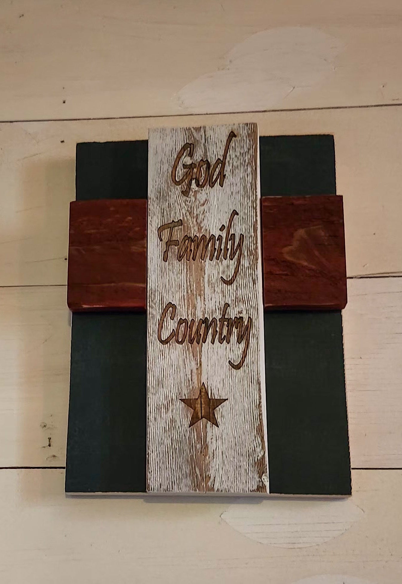 Rustic Wood Cross – God Family Country Engraved, Patriotic Red White Blue Farmhouse Wall Décor