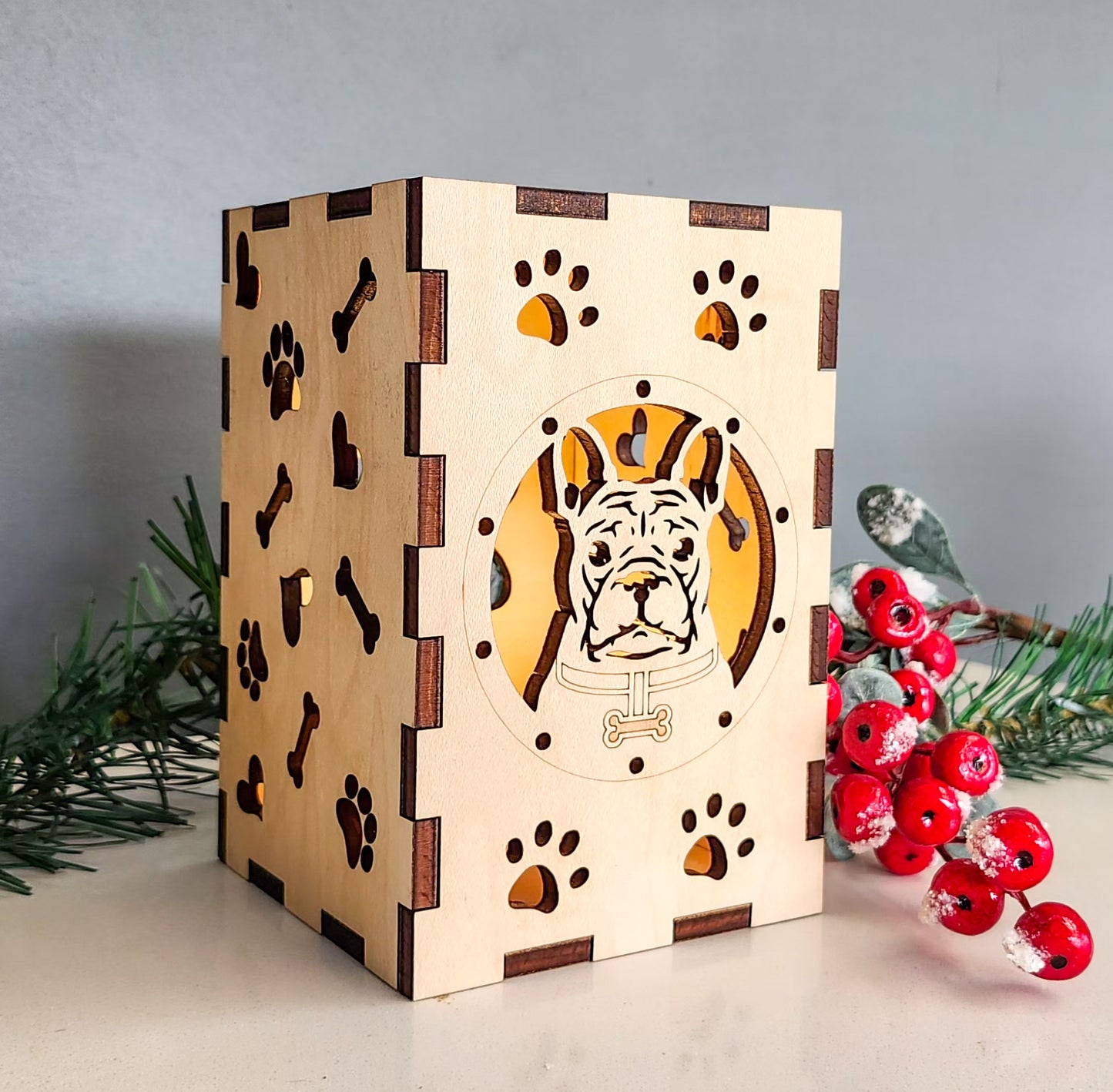 French Bulldog Wooden Lantern with LED Puck Light – Rustic Dog Lover Gift, Handmade Frenchie Night Light Home Decor